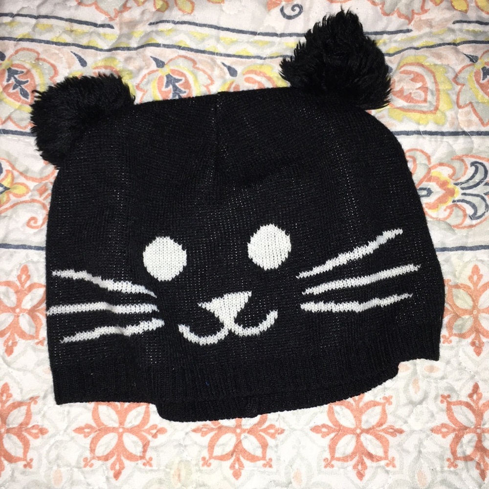 Cat beanie with puff balls